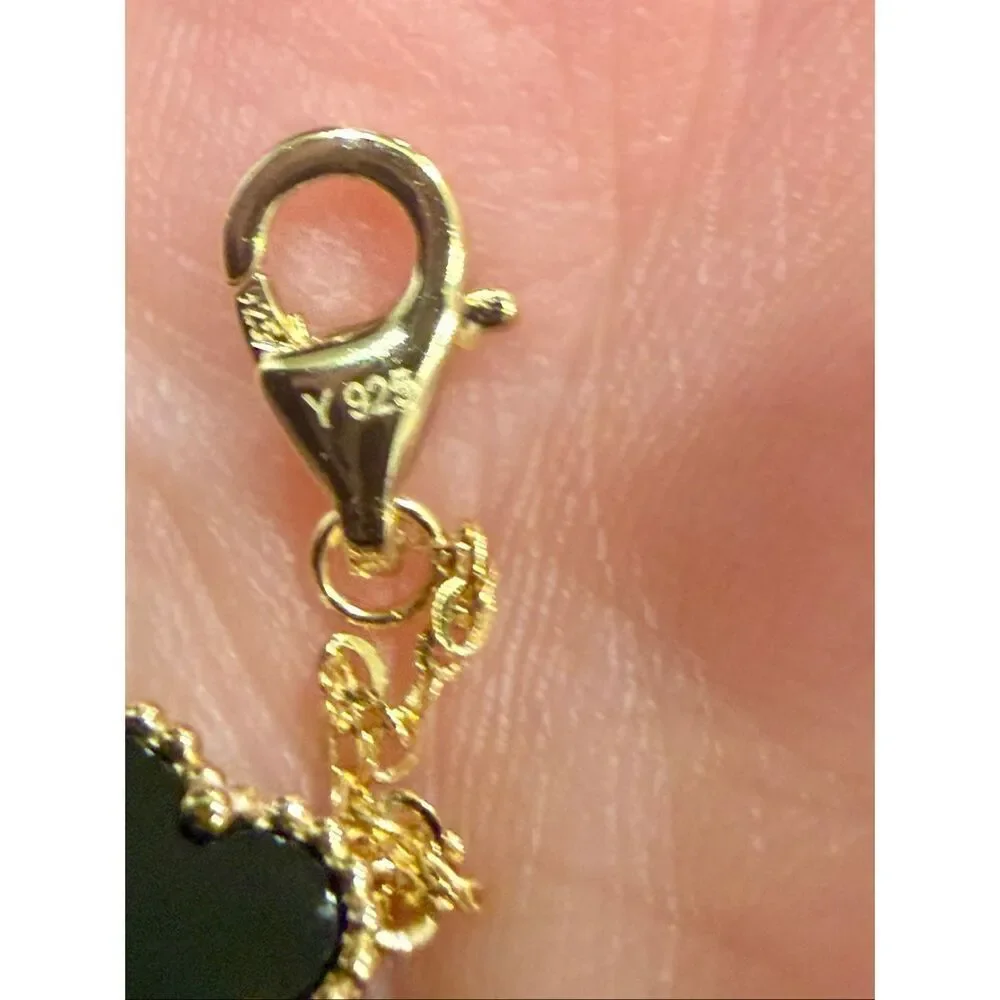 Gold Vermeil Black Onyx Clover Bracelet – Dainty Adjustable Chain, Lucky Charm